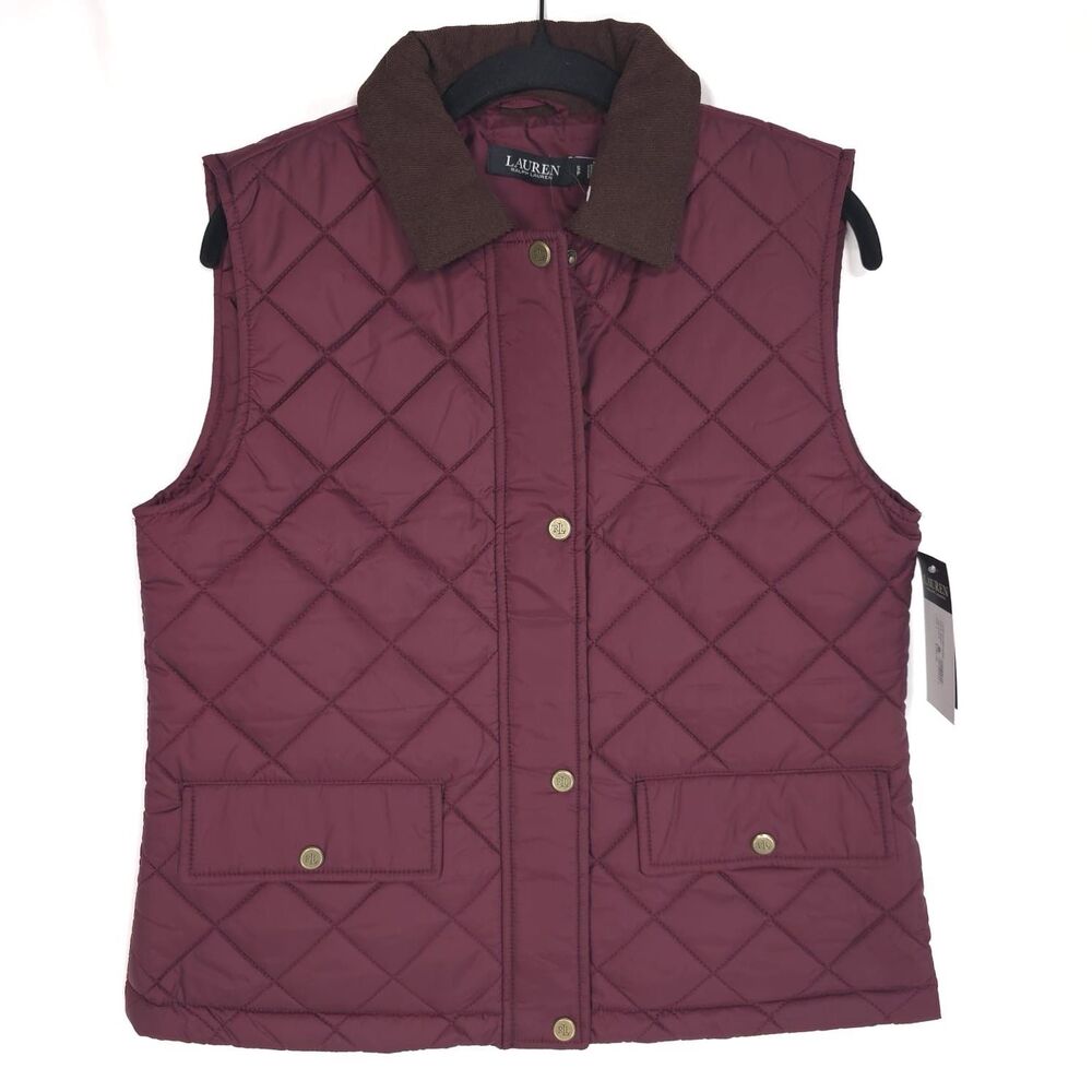 LAUREN RALPH LAUREN New Quilted Vest Size XL Dark Garnet Corduroy Trim 84225T